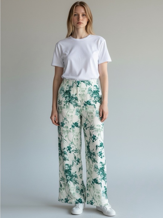 Anthropologie Pants - Anthropologie Cream Wide-Leg Pants with Green Floral Print